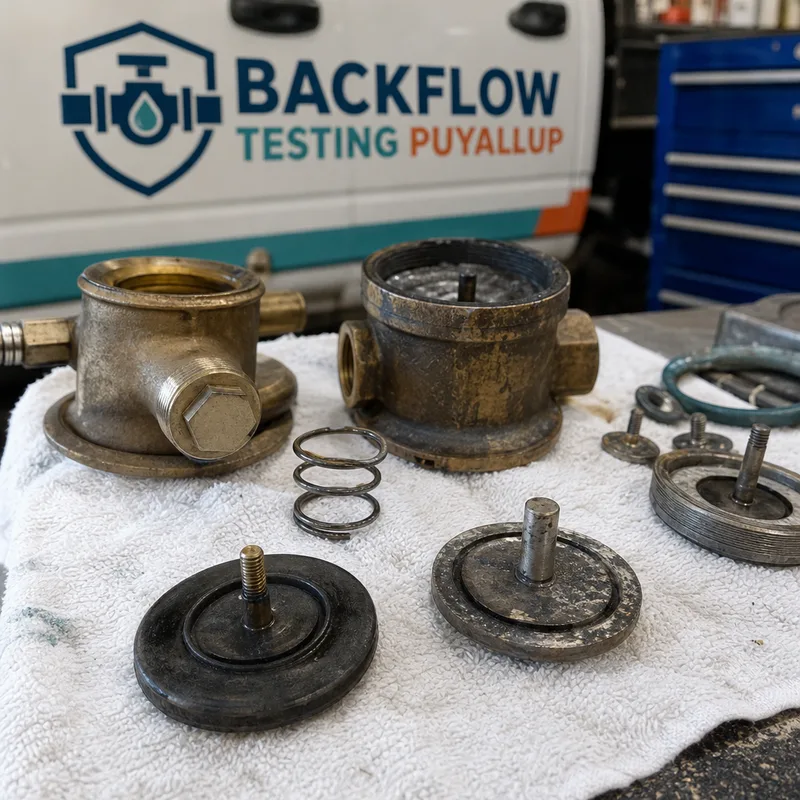 Worn check valve components laid out after a failed backflow test