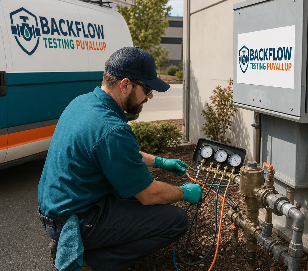 Licensed plumbing technician testing an exterior backflow assembly near a commercial meter box in Puyallup
