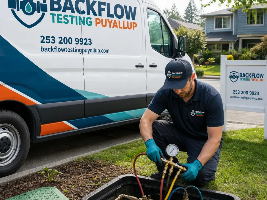 Technician opening an in-ground irrigation backflow box with a gauge kit staged nearby